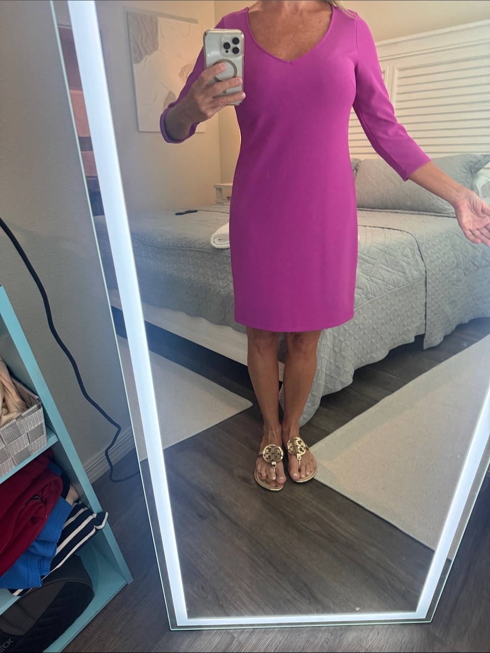 Boston Proper Fuchsia V-Neck Shift Midi Dress